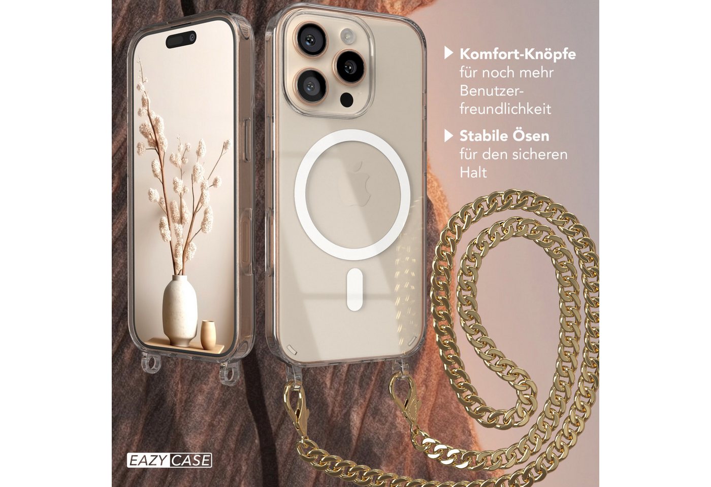 EAZY CASE Handykette 2in1 Metallkette MagSafe Hülle für iPhone 16 Pro 6,3 Zoll, Handyhülle Transparent Smartphonekette für Unterwegs Necklace in Gold Bild 4