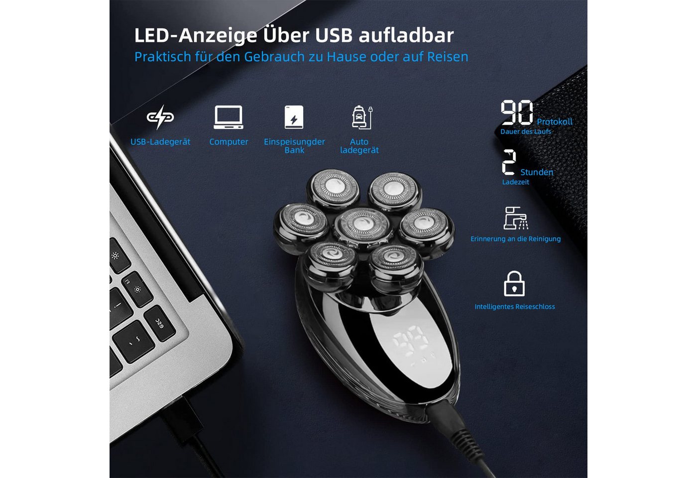 MOPUEA Elektrorasierer 5-in-1 für Herren, Glatzenrasierer mit 7 rotierenden Köpfen, Aufsätze: 5, Haarschneider, wasserdicht, kabellos mit USB wiederaufladbar Bild 2