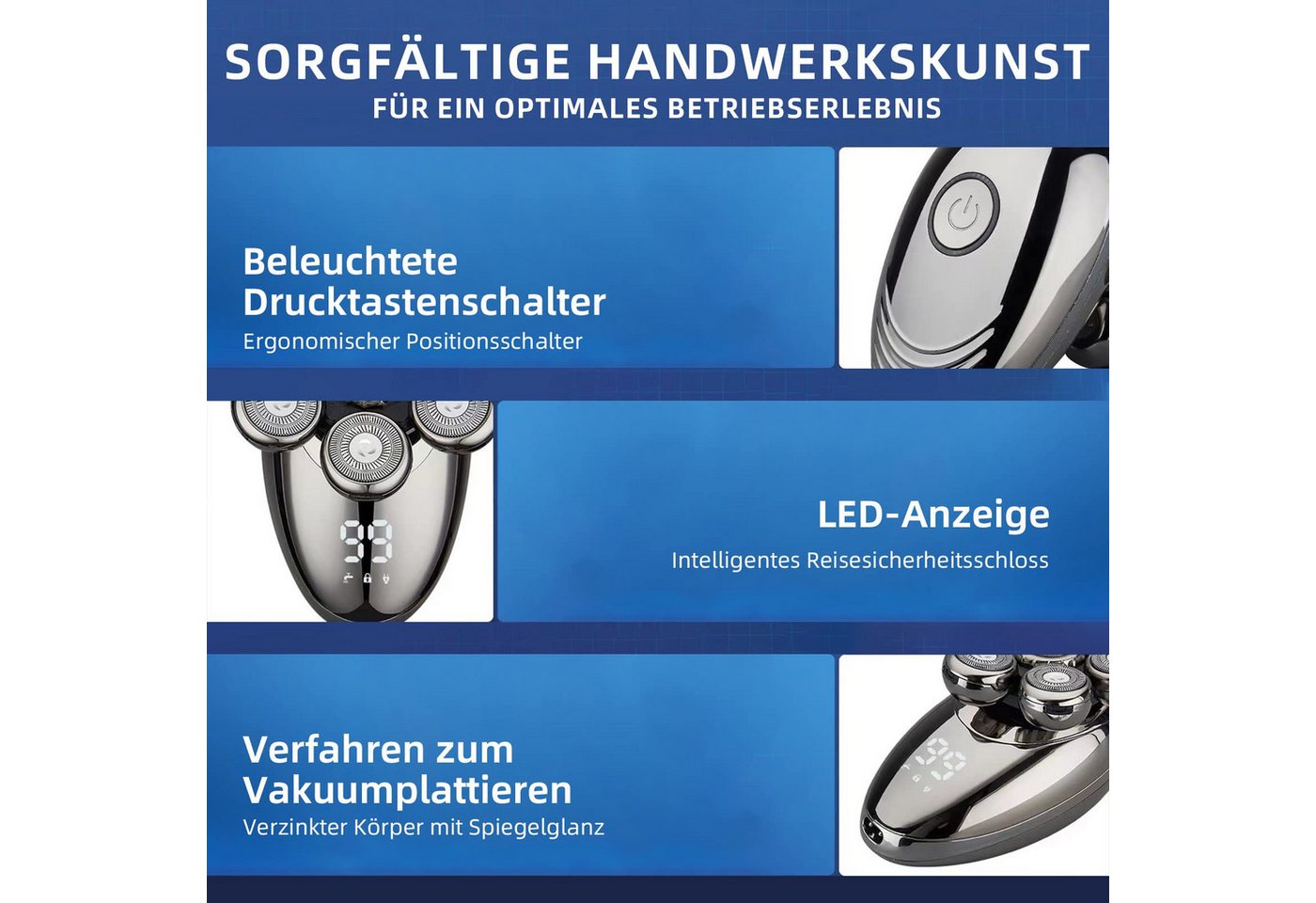MOPUEA Elektrorasierer 5-in-1 für Herren, Glatzenrasierer mit 7 rotierenden Köpfen, Aufsätze: 5, Haarschneider, wasserdicht, kabellos mit USB wiederaufladbar Bild 3