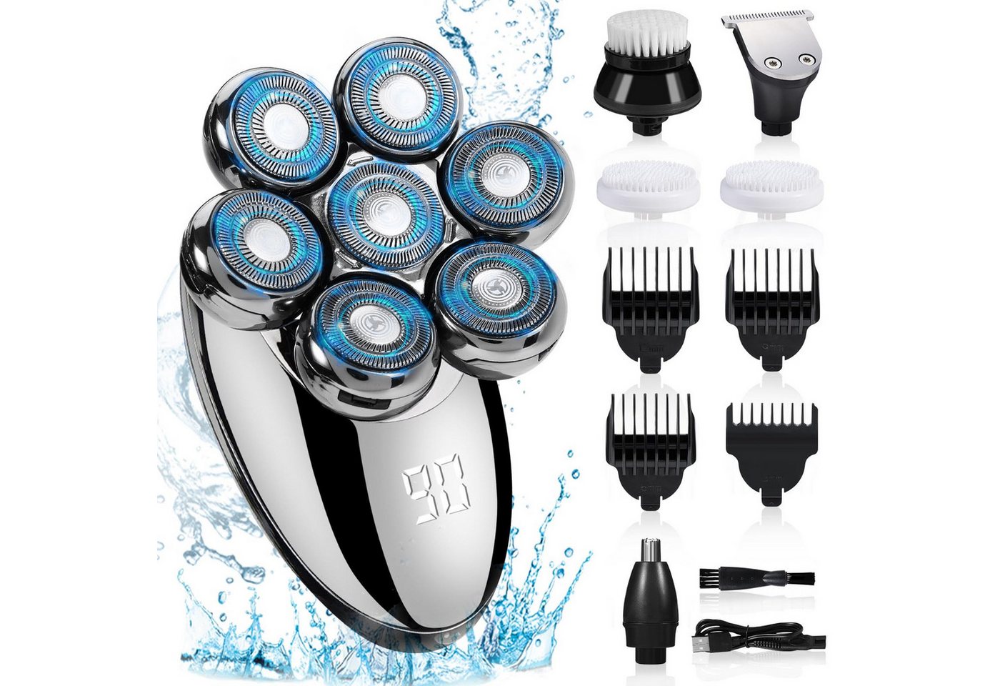 MOPUEA Elektrorasierer 5-in-1 für Herren, Glatzenrasierer mit 7 rotierenden Köpfen, Aufsätze: 5, Haarschneider, wasserdicht, kabellos mit USB wiederaufladbar Bild 4