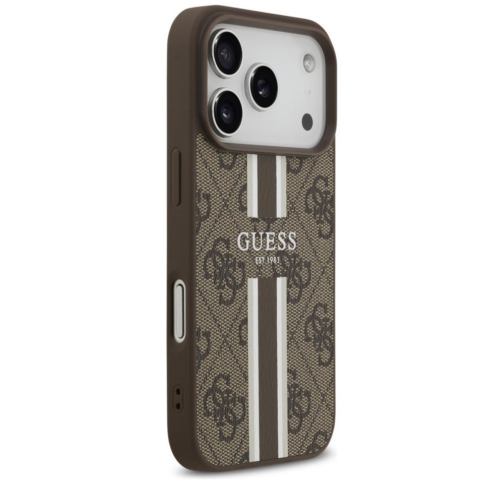 Guess Handyhülle Case iPhone 17 Pro MagSafe Kunstleder braun Logo Streifen 6,3 Zoll, Kantenschutz