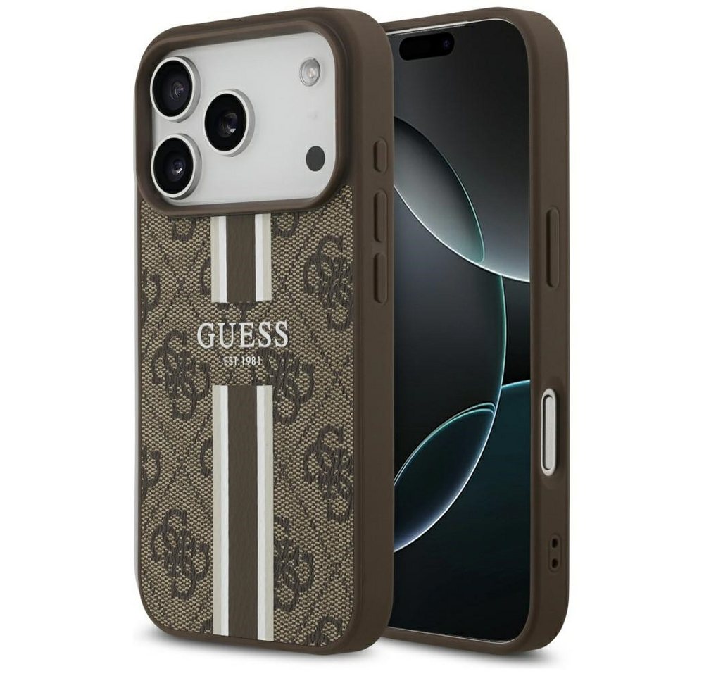 Guess Handyhülle Case iPhone 17 Pro MagSafe Kunstleder braun Logo Streifen 6,3 Zoll, Kantenschutz Bild 3