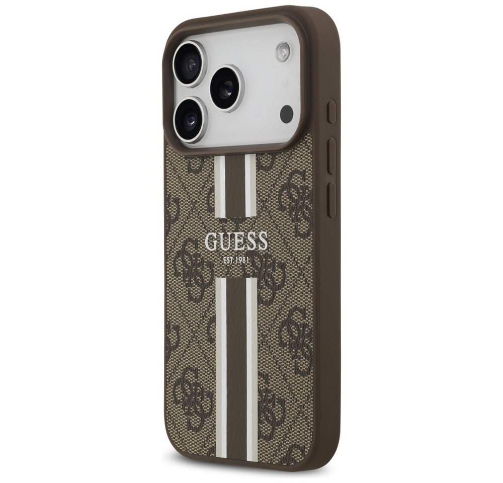 Guess Handyhülle Case iPhone 17 Pro MagSafe Kunstleder braun Logo Streifen 6,3 Zoll, Kantenschutz Bild 4