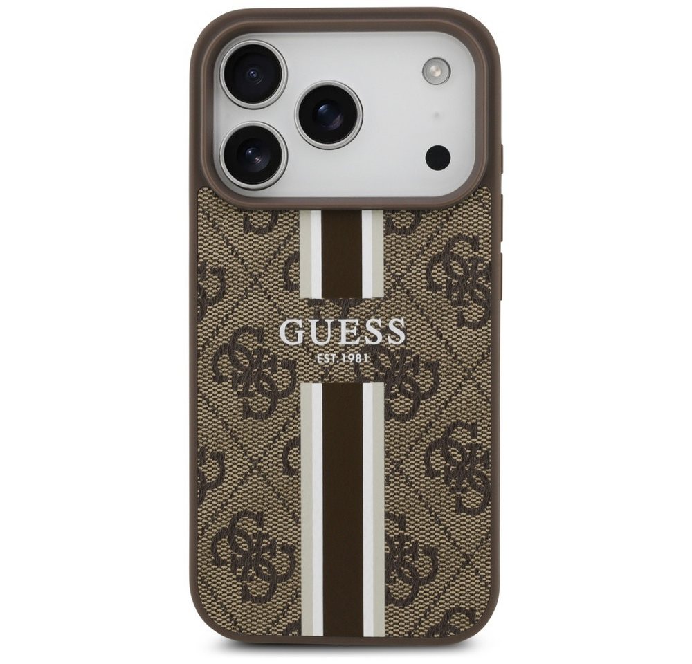Guess Handyhülle Case iPhone 17 Pro MagSafe Kunstleder braun Logo Streifen 6,3 Zoll, Kantenschutz Bild 5