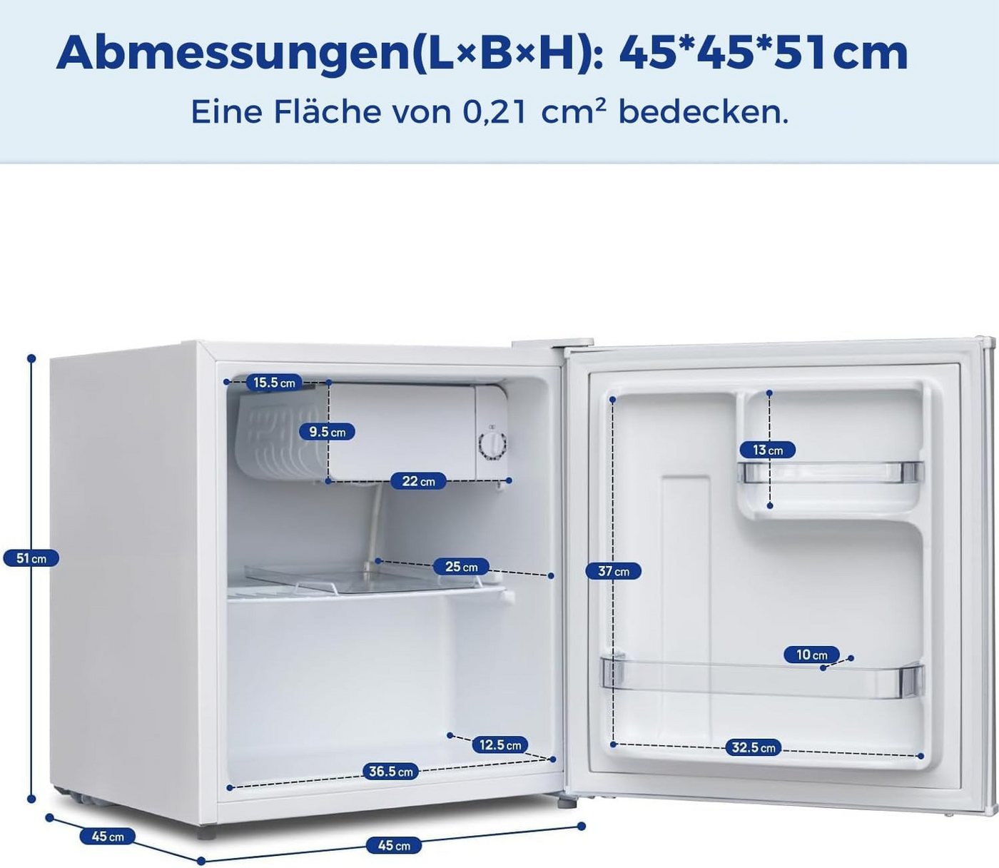 Smad Table Top Kühlschrank DSF-48D6E, 51 cm hoch, 45 cm breit, 6-stufigem Thermostat Kühlfach, 39 dB, für Schlafzimmer/Büro Bild 5