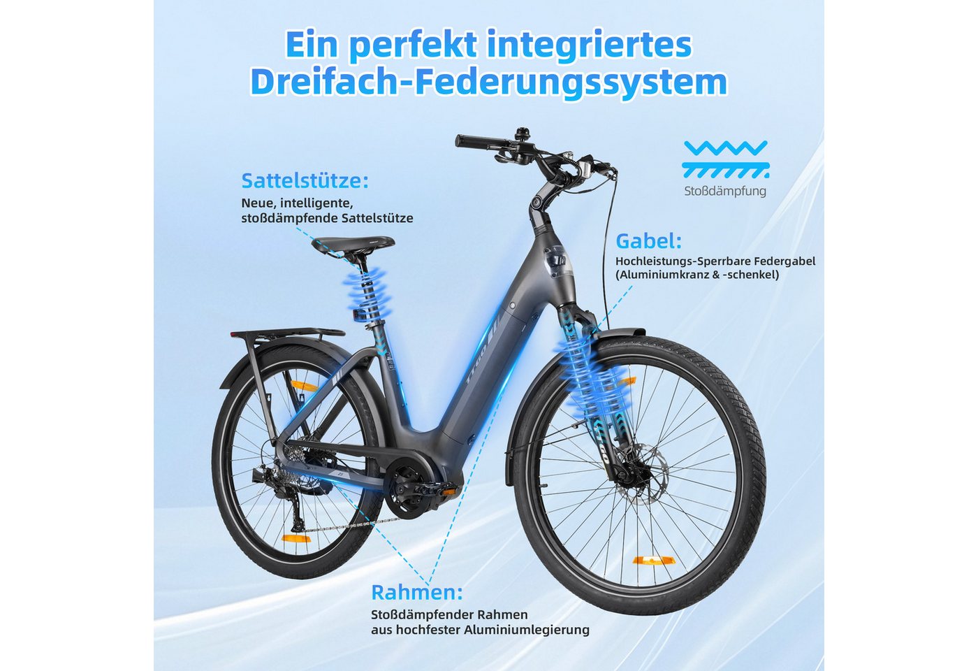 TTGO E-Bike Cityrad 28 Zoll, SUV, 75Nm Mittelmotor, 130km, Z5, für Damen und Herren, 9 Gang SHIMANO, Kettenschaltung, Mittelmotor, 648 Wh, 5 Stufen, Drehmomentsensor, Federsattelstütze, Elektrofahrrad, Pedelec Bild 2
