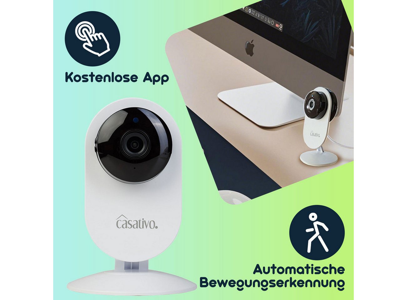 Casativo IP-Überwachungskamera Full-HD Überwachungskamera 135° Weitwinkel 10m-Nachtsicht & WLAN USB (Innenbereich, 2-tlg., Nachtsicht 10 m, Bewegungserkennung, 135°/85° Schwenkfunktion)