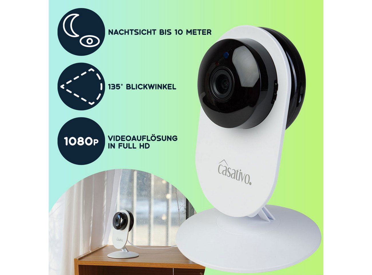 Casativo IP-Überwachungskamera Full-HD Überwachungskamera 135° Weitwinkel 10m-Nachtsicht & WLAN USB (Innenbereich, 2-tlg., Nachtsicht 10 m, Bewegungserkennung, 135°/85° Schwenkfunktion) Bild 3
