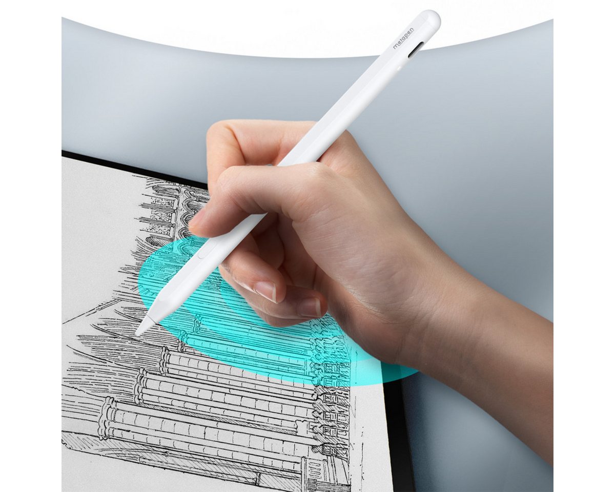 Metapen Eingabestift A12 (Eingabestift-Set, Eingabestift inkl. USB-C Kabel, 2 Ersatzspitzen, Anschlussabdeckung) Präziser iPad Stift mit Neigungs und Handballenerkennung Bild 4