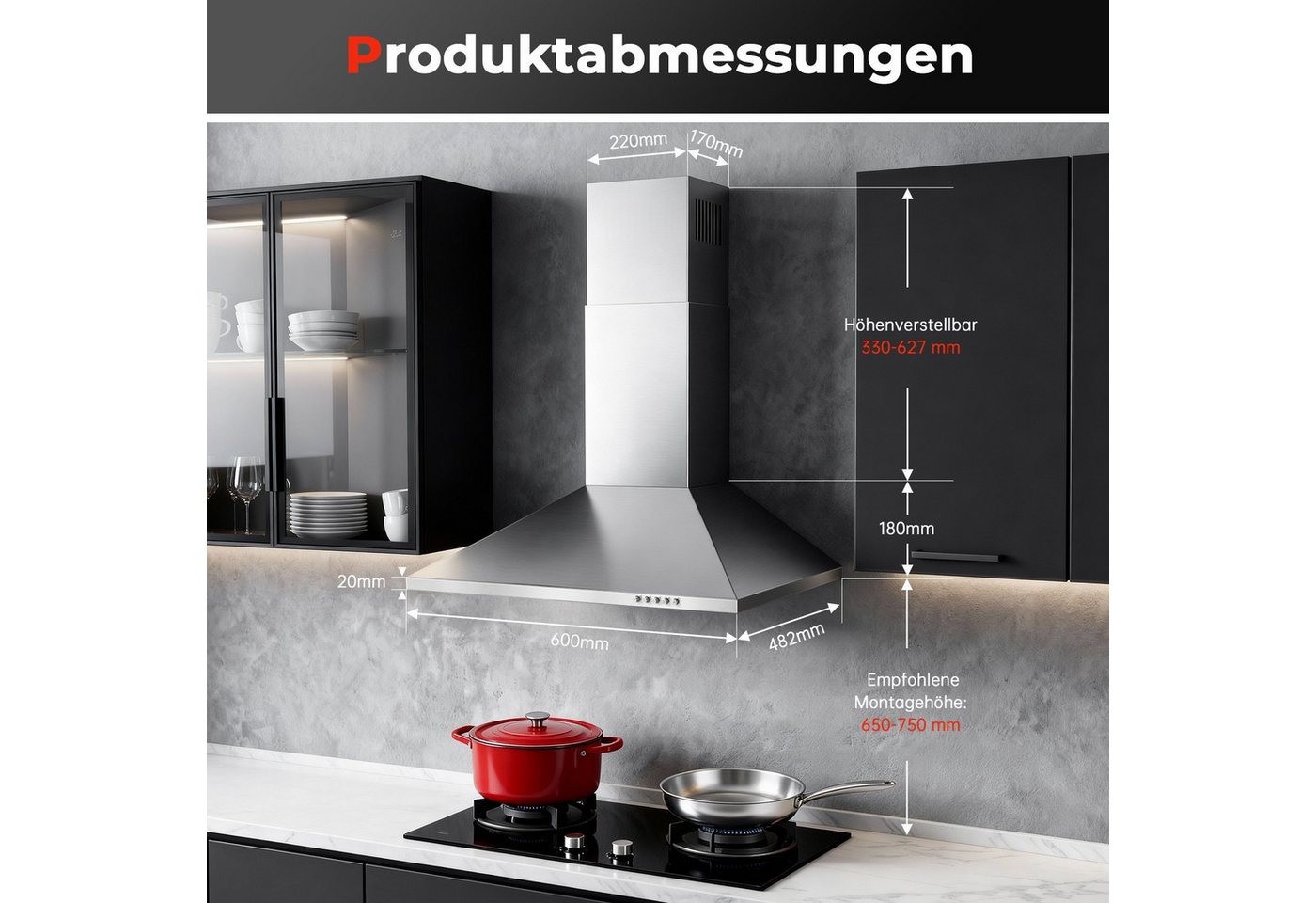 SNDOAS Kopffreihaube Dunstabzugshaube, Edelstahl – Wandhaube inkl. Aktivkohlefilter, A+++ Dunstabzugshaube, Edelstahl – Wandhaube inkl. Aktivkohlefilter, A+++, Konvertierbar Abluft/Umluft inkl. Aktivkohlefilter, 60cm, 400m³/h Bild 2