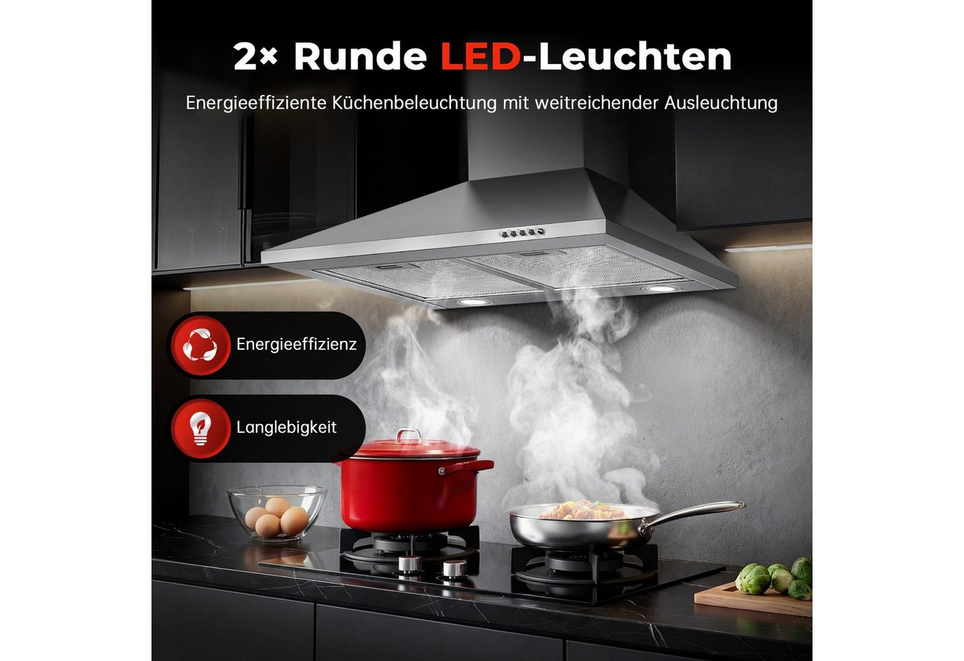 SNDOAS Kopffreihaube Dunstabzugshaube, Edelstahl – Wandhaube inkl. Aktivkohlefilter, A+++ Dunstabzugshaube, Edelstahl – Wandhaube inkl. Aktivkohlefilter, A+++, Konvertierbar Abluft/Umluft inkl. Aktivkohlefilter, 60cm, 400m³/h Bild 3