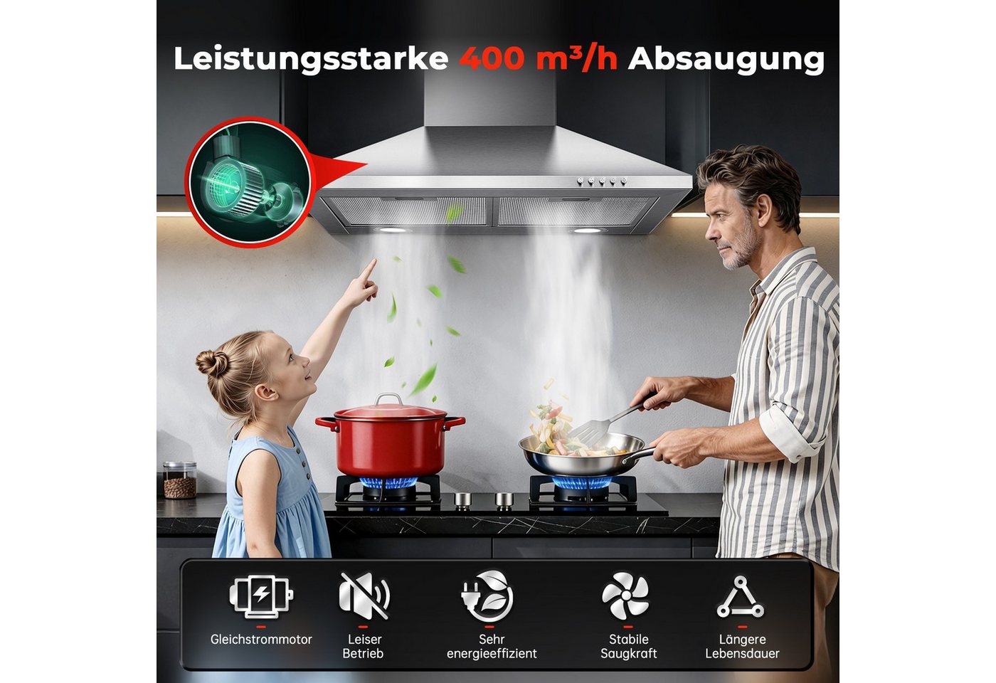 SNDOAS Kopffreihaube Dunstabzugshaube, Edelstahl – Wandhaube inkl. Aktivkohlefilter, A+++ Dunstabzugshaube, Edelstahl – Wandhaube inkl. Aktivkohlefilter, A+++, Konvertierbar Abluft/Umluft inkl. Aktivkohlefilter, 60cm, 400m³/h Bild 4