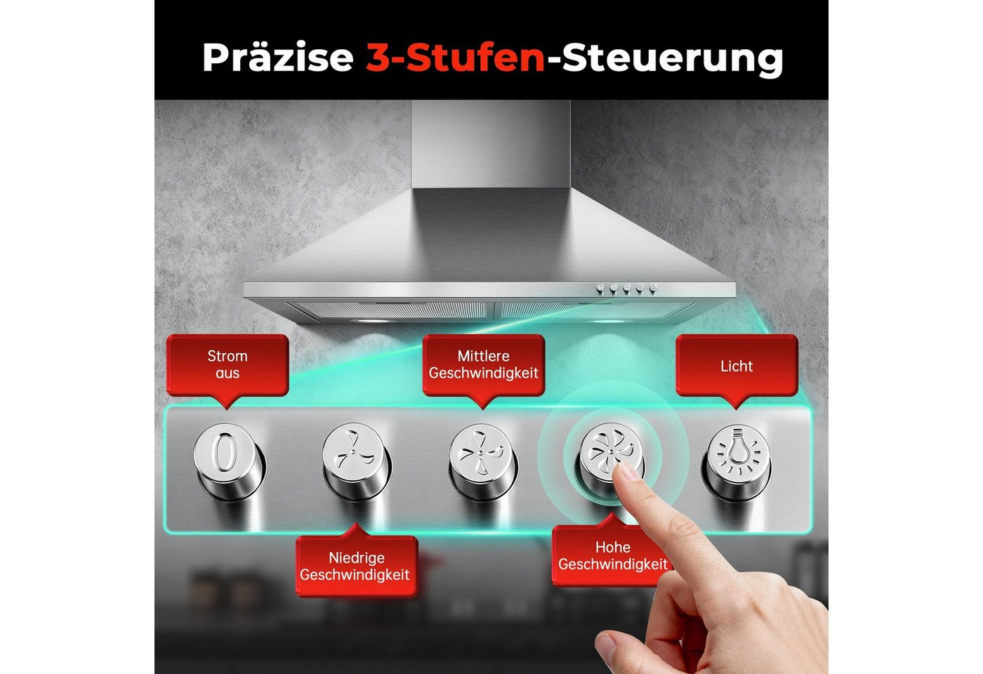 SNDOAS Kopffreihaube Dunstabzugshaube, Edelstahl – Wandhaube inkl. Aktivkohlefilter, A+++ Dunstabzugshaube, Edelstahl – Wandhaube inkl. Aktivkohlefilter, A+++, Konvertierbar Abluft/Umluft inkl. Aktivkohlefilter, 60cm, 400m³/h Bild 5