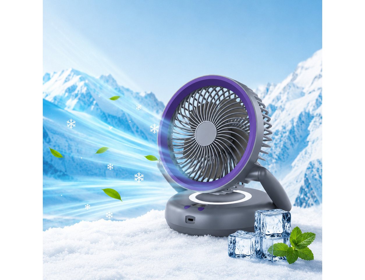 MOPUEA Tischventilator Faltbarer Tischventilator 5 Stufen Leiser Motor mit Akkuanzeige, Leiser Motor, 5 Windstufen, Akkuanzeige und flexibel faltbares Design.