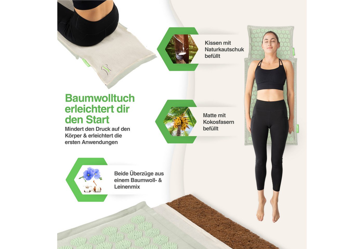 BACKLAxx® Akupressurmatte Set "Original" - Akupunkturmatte mit Stacheln (5-tlg. Akupressur Set, inkl. Akupressurmatte - & Kissen, Lendenkissen, Tragetasche & Tuch), Matte mit 9.600 Spitzen, Kissen mit 3.168 Spitzen Bild 2