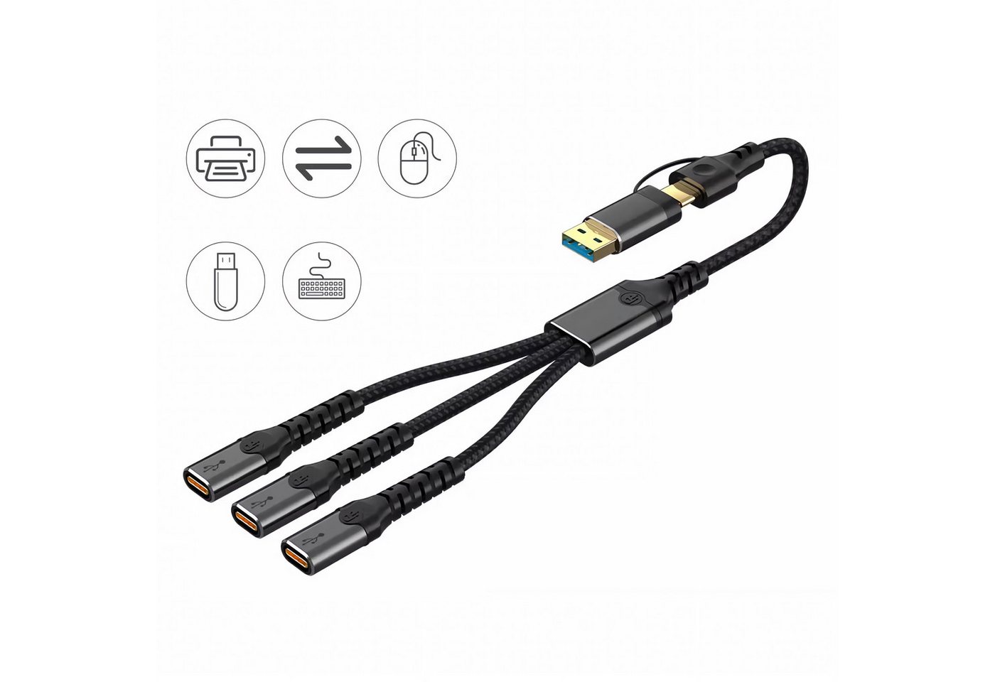 Bolwins N35C USB-A/USB-C zu 3x USB-C Hub 34cm OTG Adapter Laptop Tablet Handy USB-Kabel, USB-A Stecker, USB-C Stecker, 3x USB-C Buchse (34 cm), Kompakter 3-fach USB-C Hub mit Dual-Eingang, Plug & Play Design Bild 2