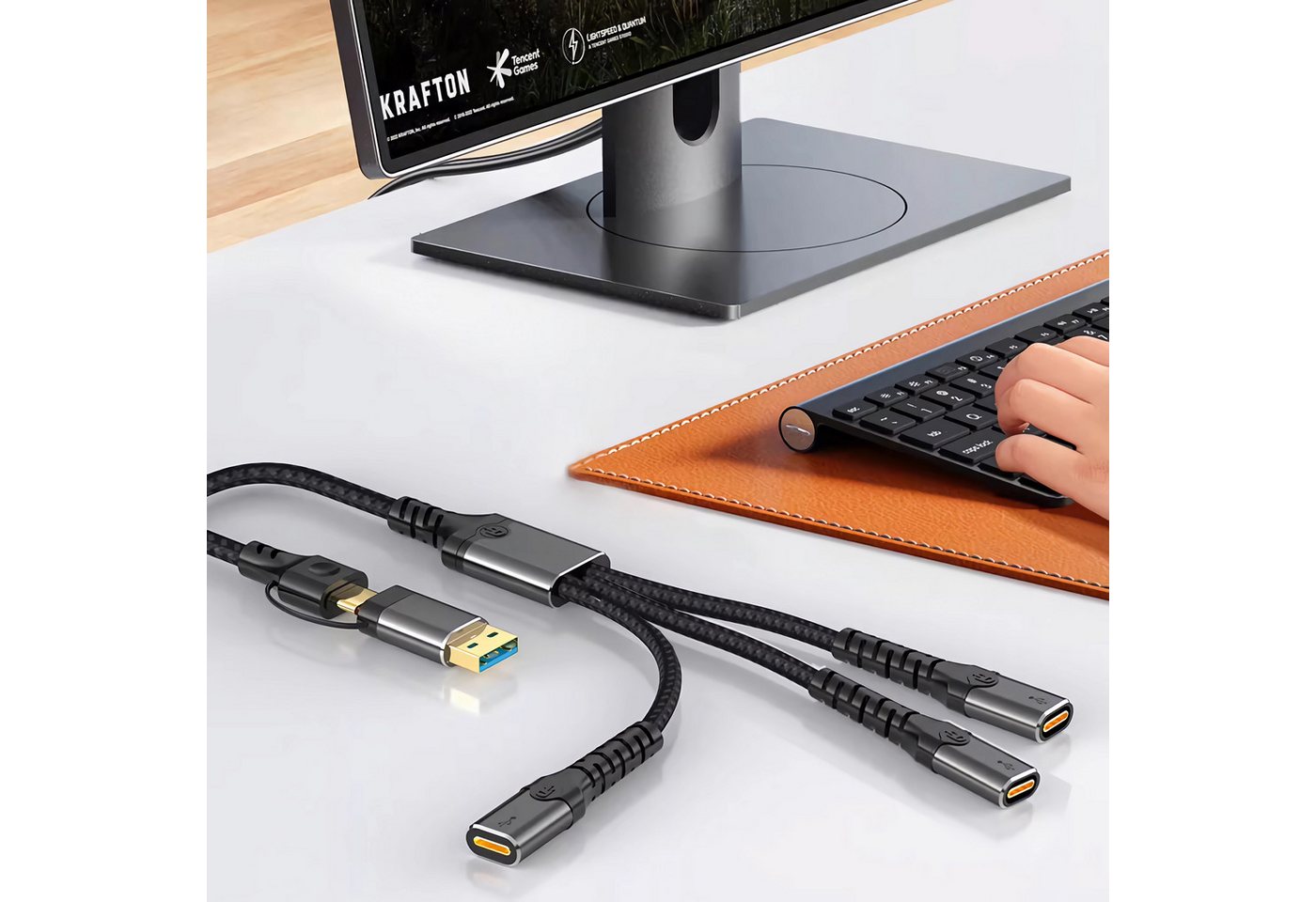 Bolwins N35C USB-A/USB-C zu 3x USB-C Hub 34cm OTG Adapter Laptop Tablet Handy USB-Kabel, USB-A Stecker, USB-C Stecker, 3x USB-C Buchse (34 cm), Kompakter 3-fach USB-C Hub mit Dual-Eingang, Plug & Play Design Bild 4