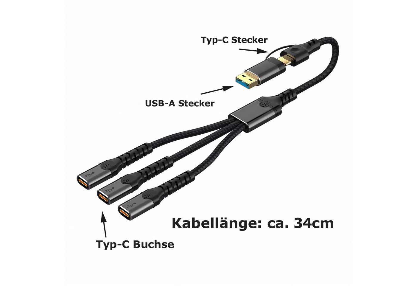 Bolwins N35C USB-A/USB-C zu 3x USB-C Hub 34cm OTG Adapter Laptop Tablet Handy USB-Kabel, USB-A Stecker, USB-C Stecker, 3x USB-C Buchse (34 cm), Kompakter 3-fach USB-C Hub mit Dual-Eingang, Plug & Play Design Bild 5