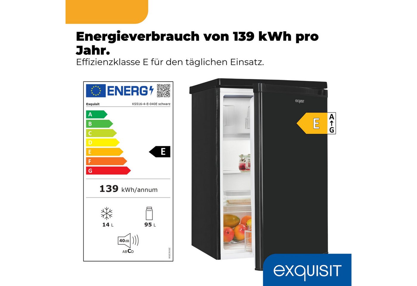exquisit Kühlschrank KS516-4-E-040E, 85 cm hoch, 56 cm breit, 109 l Nutzinhalt, LED Beleuchtung, 40 dB Geräusch, Geräuschklasse C Bild 3