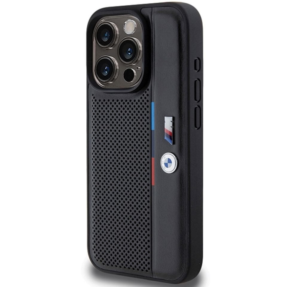 BMW Handyhülle Hardcase iPhone 15 Pro schwarz Logo Metall Kunstleder 6,1 Zoll, Kantenschutz