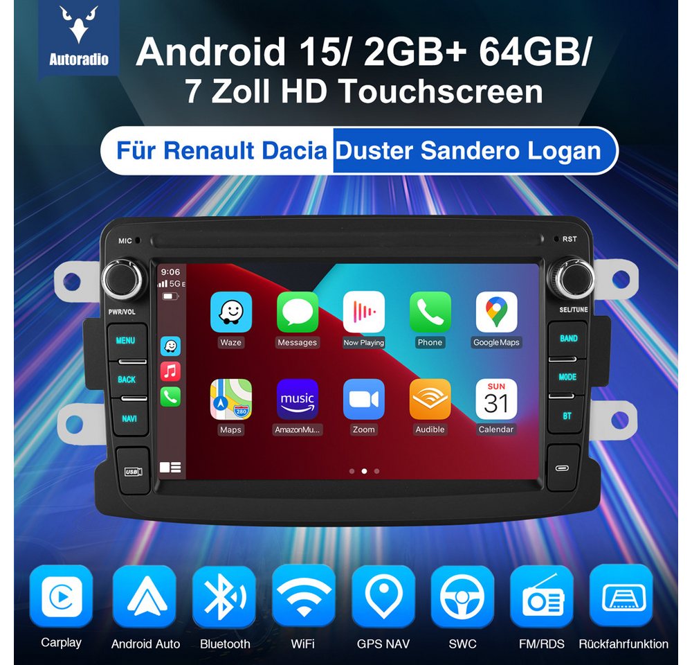 ESSGOO 7" Android 15 Für Renault Captur Dacia Duster Dokker Logan Sandero Autoradio (RDS, 2+64GB(optional), FM, DAB+ (optional), GPS Navi Carplay Android Auto Bluetooth EQ USB WIFI Touchscreen SWC) Bild 3