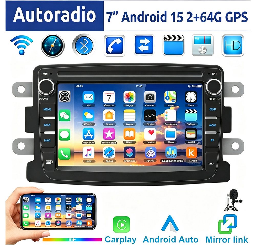 ESSGOO 7" Android 15 Für Renault Captur Dacia Duster Dokker Logan Sandero Autoradio (RDS, 2+64GB(optional), FM, DAB+ (optional), GPS Navi Carplay Android Auto Bluetooth EQ USB WIFI Touchscreen SWC) Bild 5