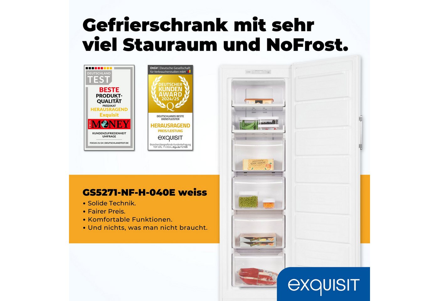 exquisit Gefrierschrank GS5271-NF-H-040E weiss, 170 cm hoch, 54.5 cm breit, 204 Liter Nutzinhalt, 4-Sterne-Gefrieren, No-Frost Bild 4