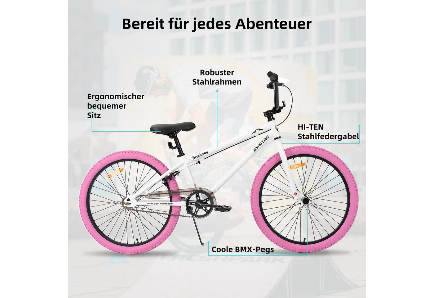 JOYSTAR Kinderfahrrad 20 Zoll BMX Fahrrad für Jungen Mädchen im Alter von 7-12 Jahren, Freestyle, Doppelbremsen, 2 pegs, Kettenschutz, Singlespeed Bild 2