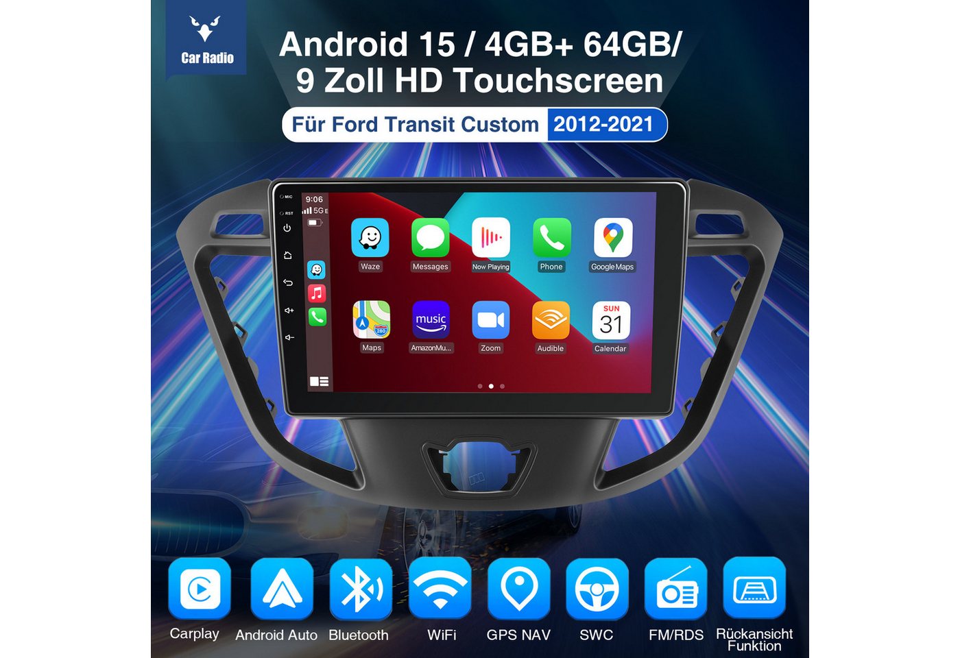 ESSGOO 9'' Autoradio Android 15 Für Ford Transit Custom 2012-2023 Carplay GPS Autoradio (RDS, 4+64GB(optional), Digitalradio (DAB), FM, AM, Carplay Android Auto Bluetooth EQ USB GPS Navi WIFI Touchscreen)