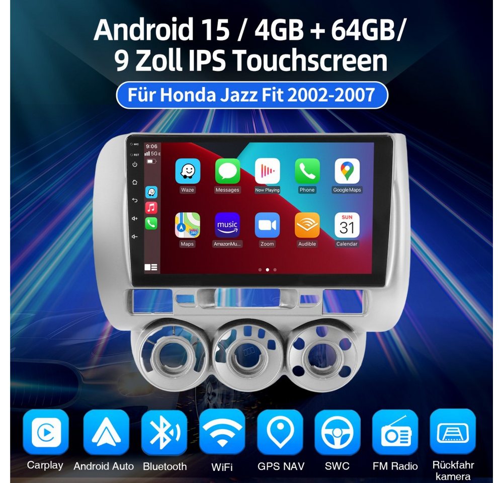 ESSGOO Für Honda Jazz Fit 2002-2007 Android 15 Carplay Android Auto Autoradio (RDS, Digitalradio (DAB), FM, AM, Carplay Android Auto Navi WIFI BT SWC) Bild 3