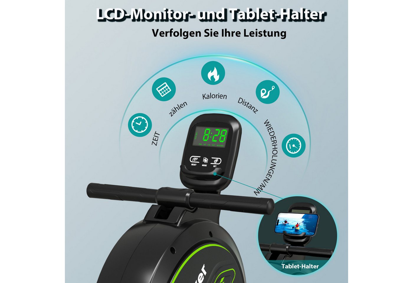 Wenoker Rudergerät Magnetisches Rudergerät, faltbar, 160 kg Tragkraft, leise und glatt (1-tlg), mit Tablet-Halterung für LCD-Bildschirm und bequemes Sitzkissen