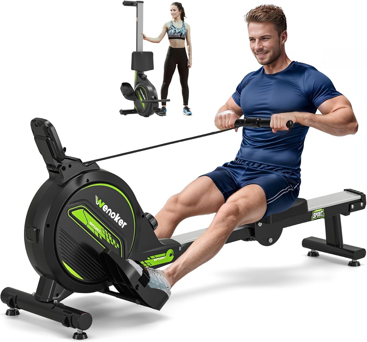 Wenoker Rudergerät Magnetisches Rudergerät, faltbar, 160 kg Tragkraft, leise und glatt (1-tlg), mit Tablet-Halterung für LCD-Bildschirm und bequemes Sitzkissen Bild 2