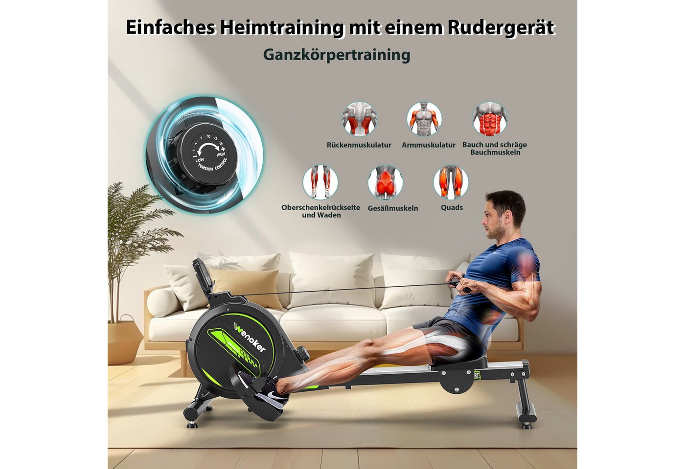 Wenoker Rudergerät Magnetisches Rudergerät, faltbar, 160 kg Tragkraft, leise und glatt (1-tlg), mit Tablet-Halterung für LCD-Bildschirm und bequemes Sitzkissen Bild 5