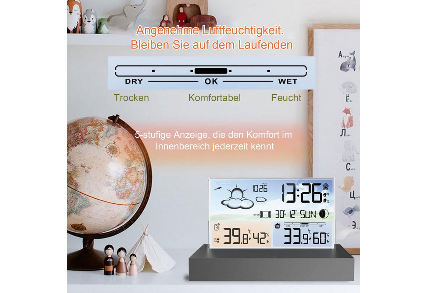 MODFU Digital Wetteruhr Thermometer Raumthermometer Wetterstation (Außensensor Dual Alarm Temperatur Wettervorhersage Wetter Innen Außen)