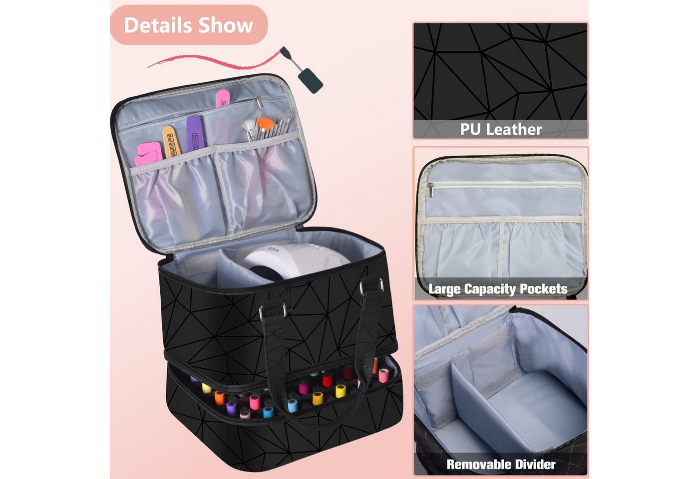 LIANNA Nagellackhalter Kosmetiktasche mit Doppellagigem Nagellack-Organizer und Griff, (bis 90 Zoll, Set, 1-tlg., Praktische Aufbewahrung für verschiedene Anlässe, ideal für Reisen, Große Kapazität, geeignet für Nagellack, mit Waschbeutelfunktion)
