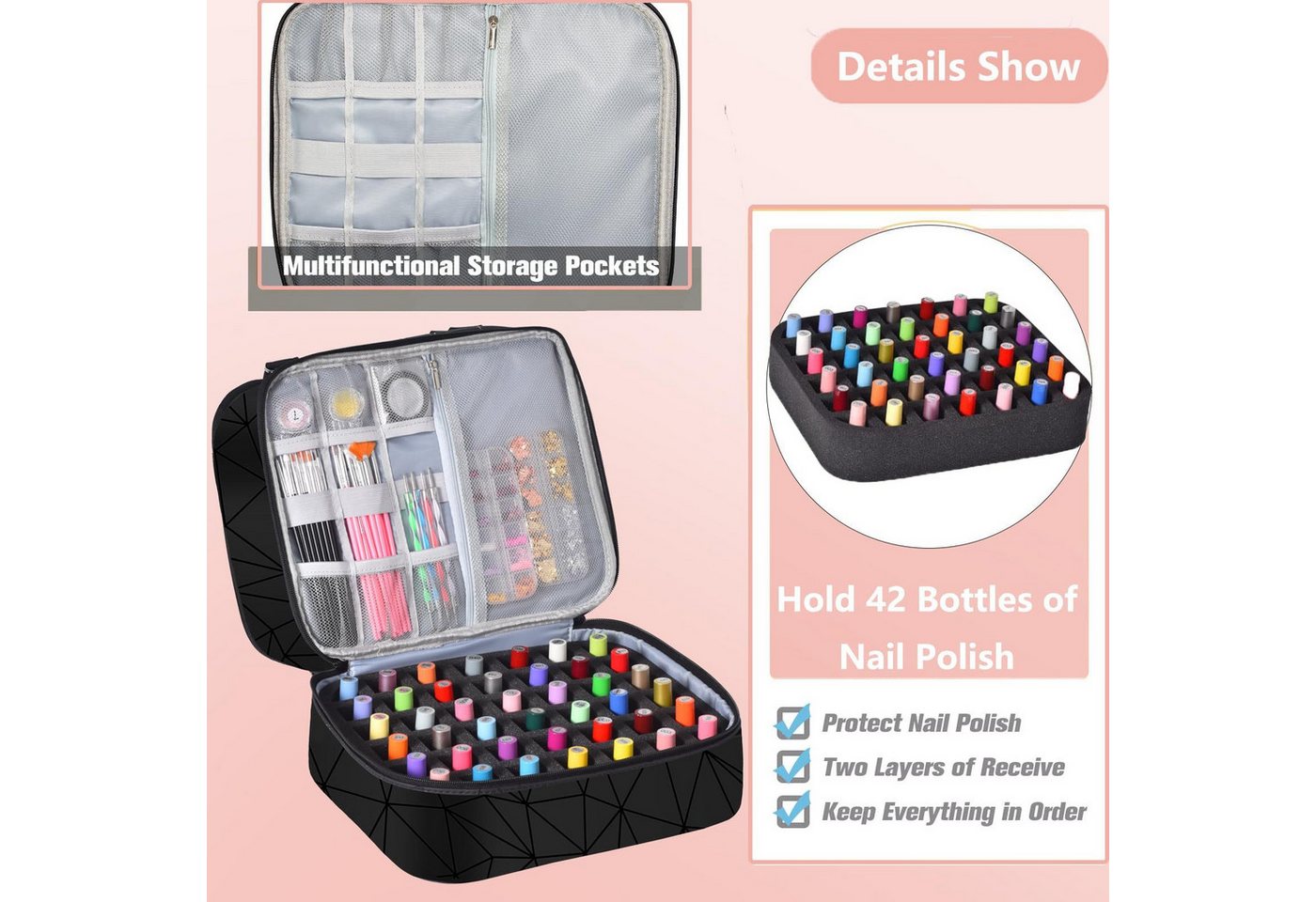 LIANNA Nagellackhalter Kosmetiktasche mit Doppellagigem Nagellack-Organizer und Griff, (bis 90 Zoll, Set, 1-tlg., Praktische Aufbewahrung für verschiedene Anlässe, ideal für Reisen, Große Kapazität, geeignet für Nagellack, mit Waschbeutelfunktion) Bild 3