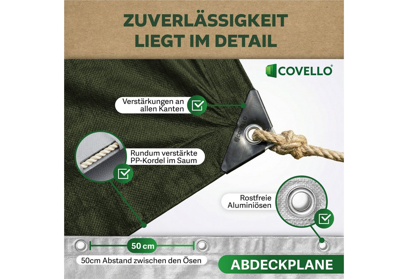 Covello Schutzplane 260g/m² grün, Abdeckplane mit Ösen wasserdicht, Plane UV-stabilisiert in vielen verschiedenen Farben & Größen Bild 2