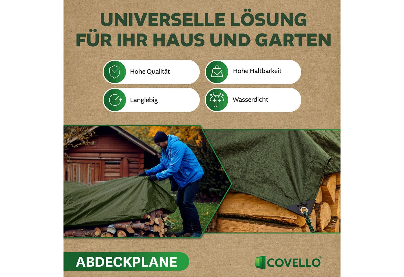 Covello Schutzplane 260g/m² grün, Abdeckplane mit Ösen wasserdicht, Plane UV-stabilisiert in vielen verschiedenen Farben & Größen Bild 3