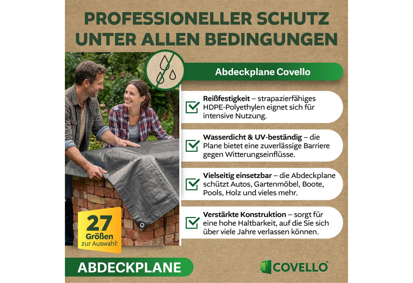 Covello Schutzplane 260g/m² silber, Abdeckplane mit Ösen wasserdicht, Plane UV-stabilisiert in vielen verschiedenen Farben & Größen Bild 5