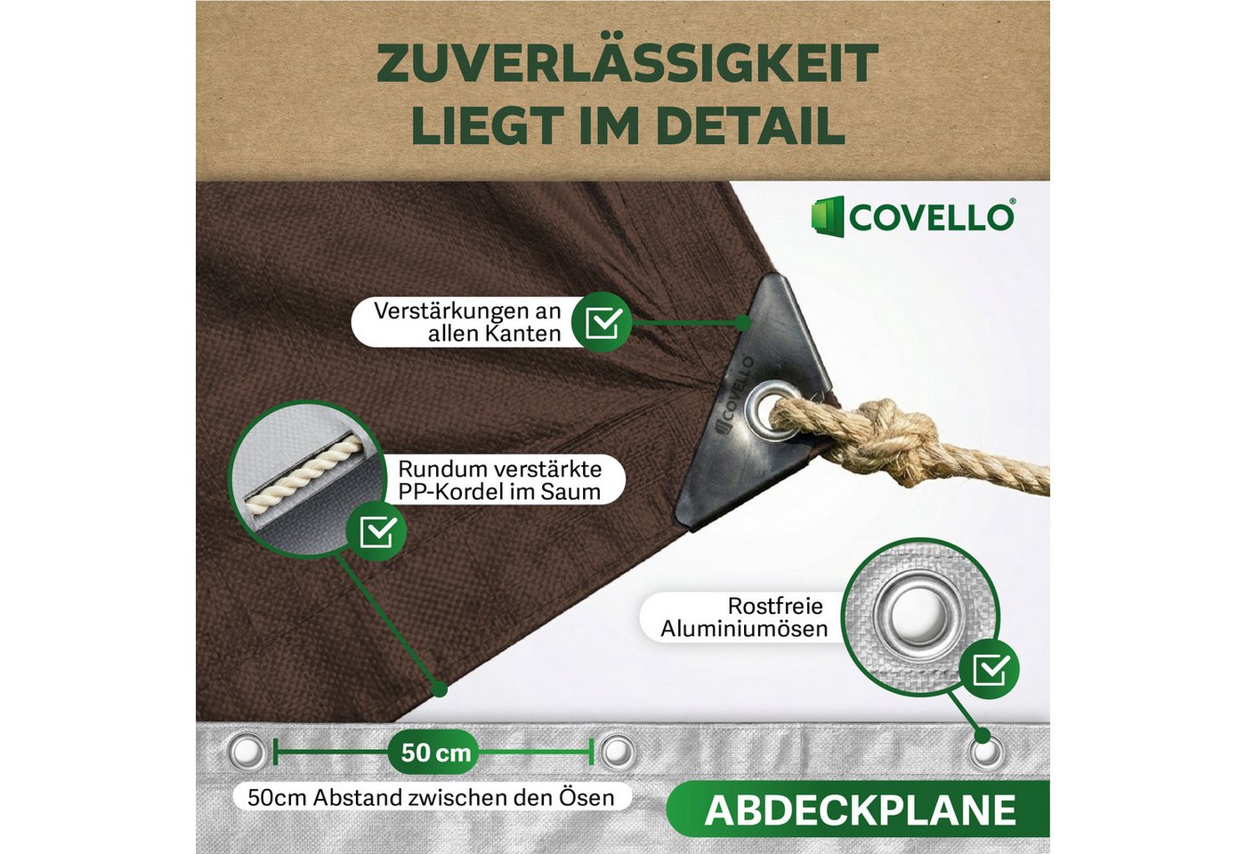 Covello Schutzplane 260g/m² braun, Abdeckplane mit Ösen wasserdicht, Plane UV-stabilisiert in vielen verschiedenen Farben & Größen Bild 2