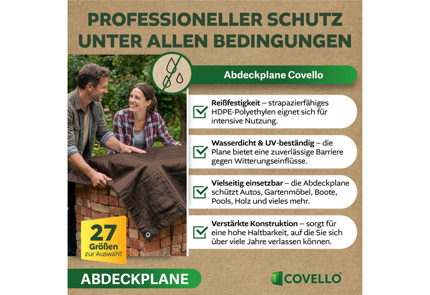 Covello Schutzplane 260g/m² braun, Abdeckplane mit Ösen wasserdicht, Plane UV-stabilisiert in vielen verschiedenen Farben & Größen Bild 3