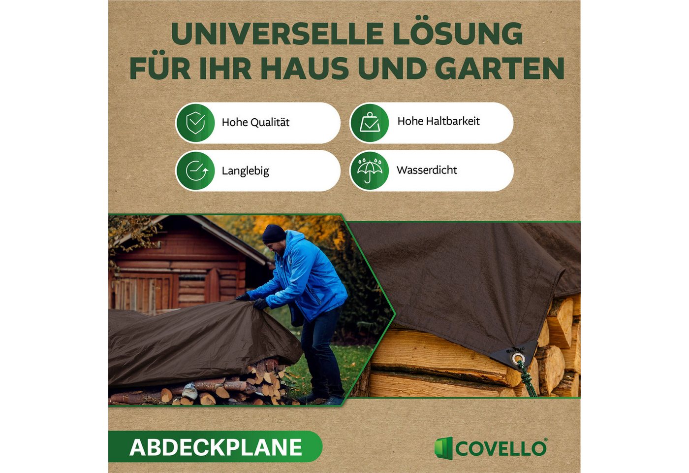 Covello Schutzplane 260g/m² braun, Abdeckplane mit Ösen wasserdicht, Plane UV-stabilisiert in vielen verschiedenen Farben & Größen Bild 4
