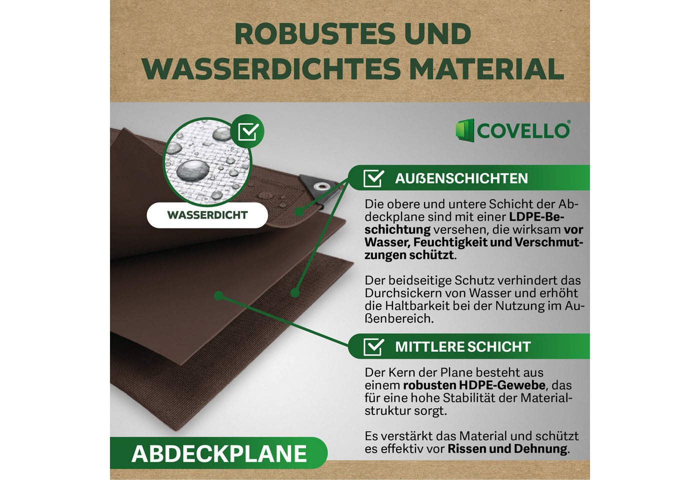Covello Schutzplane 260g/m² braun, Abdeckplane mit Ösen wasserdicht, Plane UV-stabilisiert in vielen verschiedenen Farben & Größen Bild 5