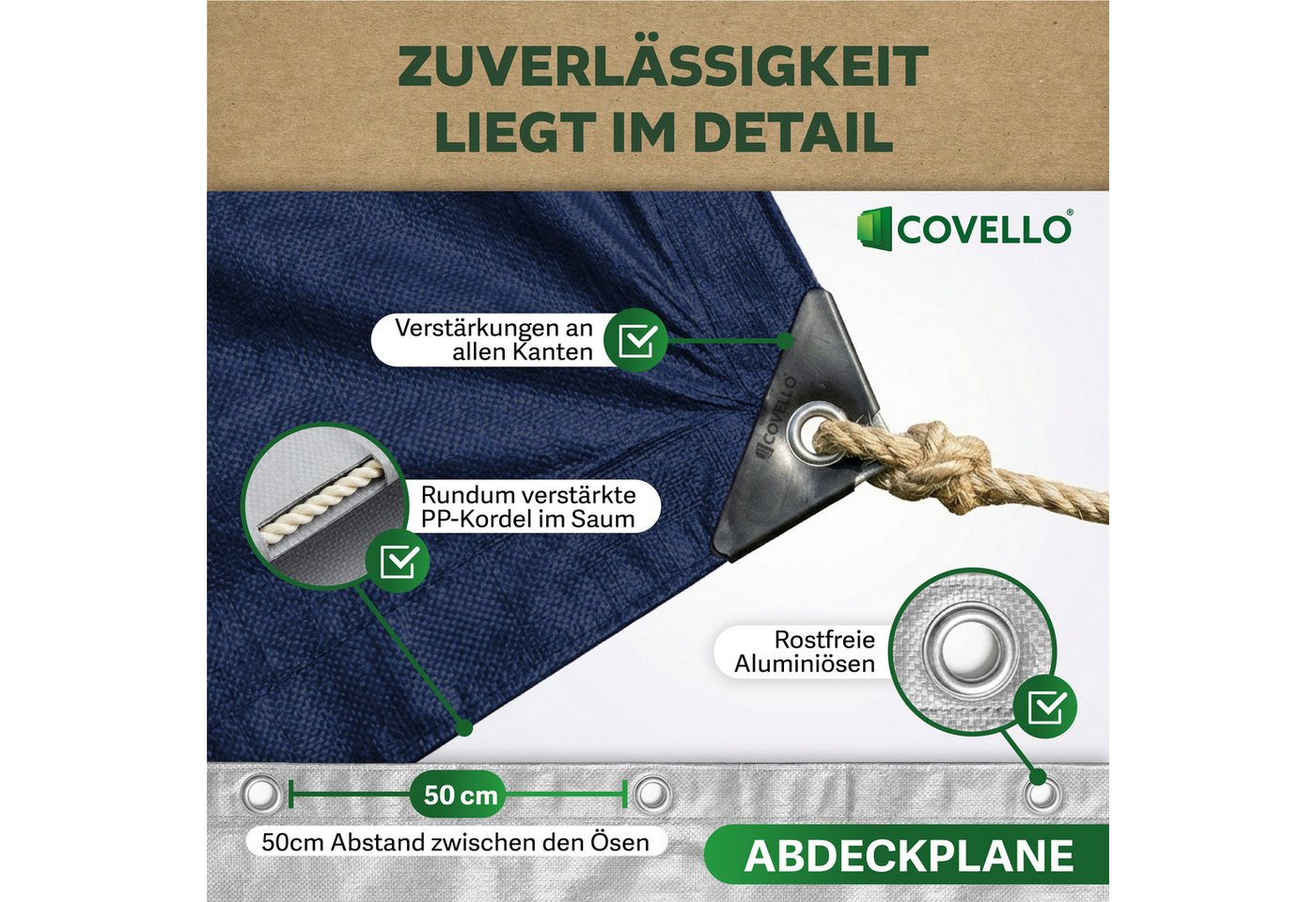 Covello Schutzplane 140g/m² blau, Abdeckplane mit Ösen wasserdicht, Plane UV-stabilisiert in vielen verschiedenen Farben & Größen Bild 2