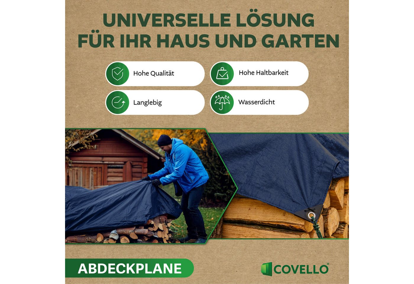 Covello Schutzplane 140g/m² blau, Abdeckplane mit Ösen wasserdicht, Plane UV-stabilisiert in vielen verschiedenen Farben & Größen Bild 4