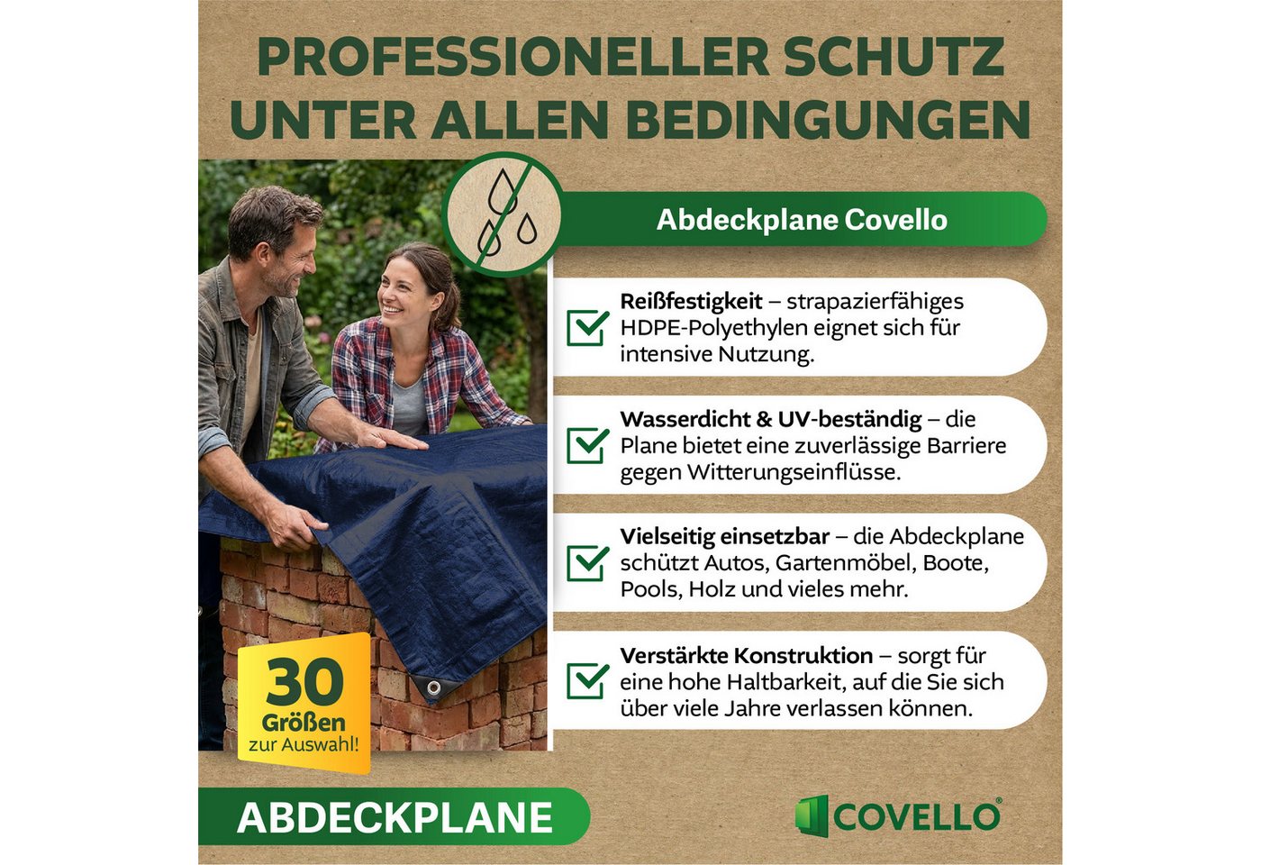 Covello Schutzplane 140g/m² blau, Abdeckplane mit Ösen wasserdicht, Plane UV-stabilisiert in vielen verschiedenen Farben & Größen Bild 5