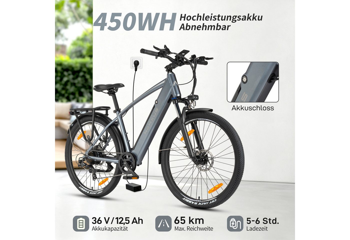 Vankel E-Bike Trekkingrad 27,5 Zoll Trekkingrad für Damen und Herren, 7 Gang, 450Wh max.70Km, 7 Gang Schimano Schaltwerk, Kettenschaltung, Heckmotor, 450 Wh, City Pedelec mit digitalem Display, leicht und aufladbar Bild 4
