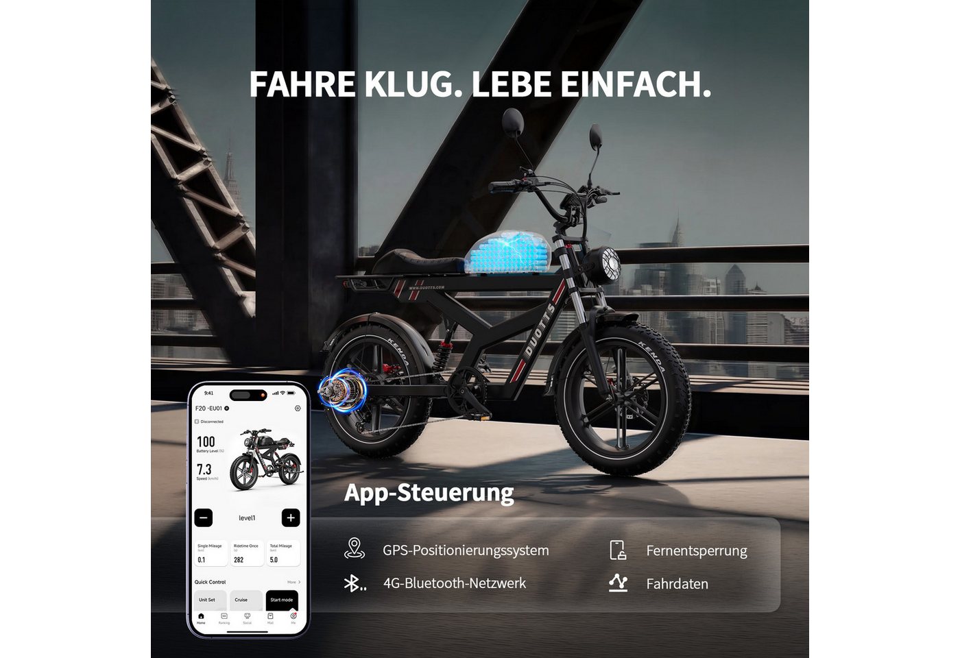 DUOTTS E-Bike Cityrad E-Fahrrad Max.140km, APP-Sicherheit 1404wh 20×4,0 Zoll Pedelec, Kettenschaltung, Heckmotor, 1404 Wh, E-Bikes mit Vollfederung, hydraulischen Bremsen & Shimano 7-Gang Bild 2