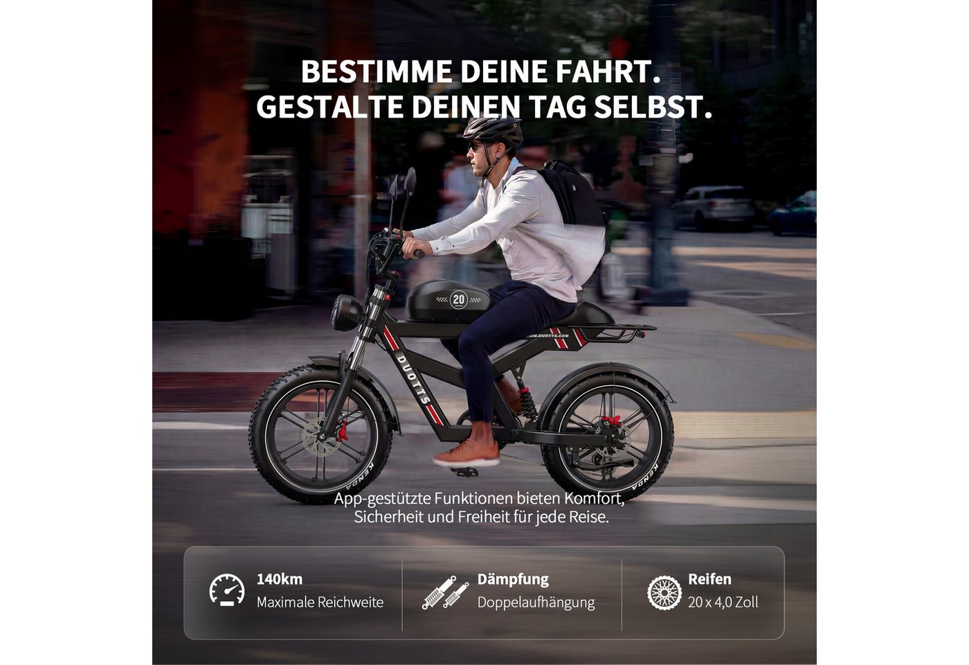DUOTTS E-Bike Cityrad E-Fahrrad Max.140km, APP-Sicherheit 1404wh 20×4,0 Zoll Pedelec, Kettenschaltung, Heckmotor, 1404 Wh, E-Bikes mit Vollfederung, hydraulischen Bremsen & Shimano 7-Gang Bild 5