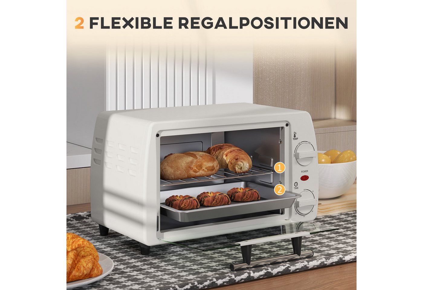 ibettertec Toaster Mini-Backofen Toasterofen, 10L, 1 Backblech, 1 Rost, Timer 0-60 Min., 100-230°C, 36,5x26x22 cm, Cremeweiß